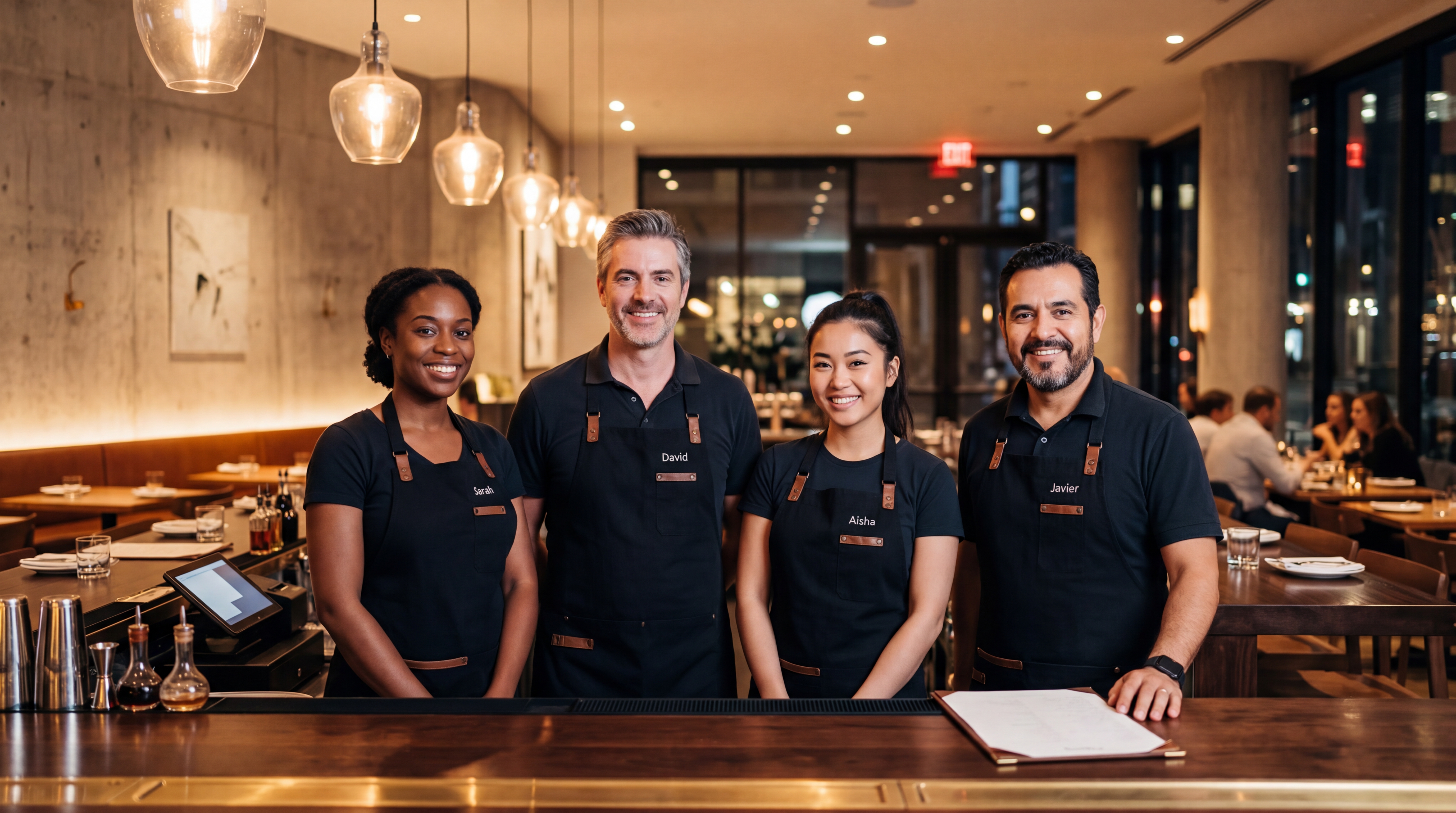 Diverse hospitality team in black aprons